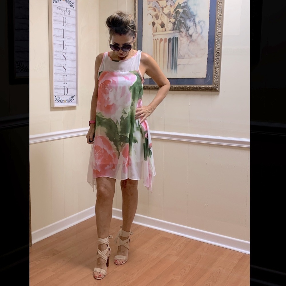 Robbie Bee Signature Floral Art cape Dress women sz 6 sheer